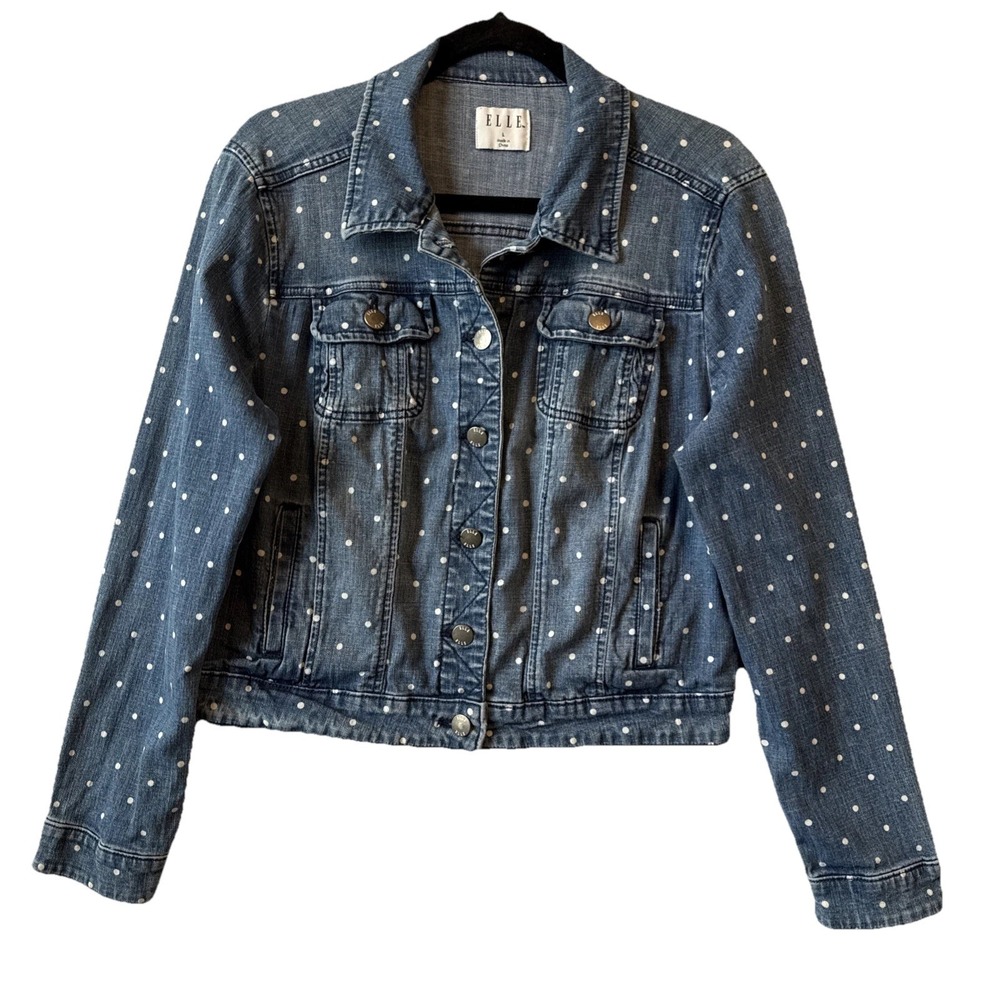 Elle Polka Dot Distressed Blue Denim Trucker Jacket L Retro Chic Indie Sleaze
